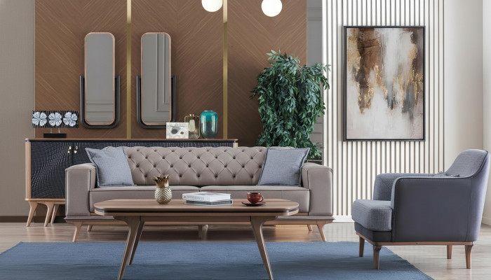 Luxus Modern Wunnzëmmer Set 4tlg. 4 Seitzer Fauteuil Dësch Miwwel Nei