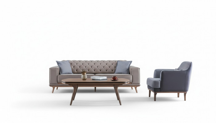Luxus Modern Wunnzëmmer Set 4tlg. 4 Seitzer Fauteuil Dësch Miwwel Nei