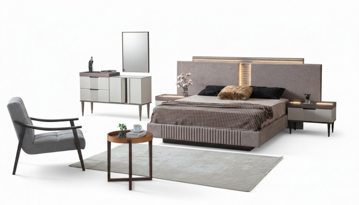 Design-Schlofkummer 5 Deeler. Schlofkummer Set Bett Nuetsdësch Buedeméiglechkeet Dësch.