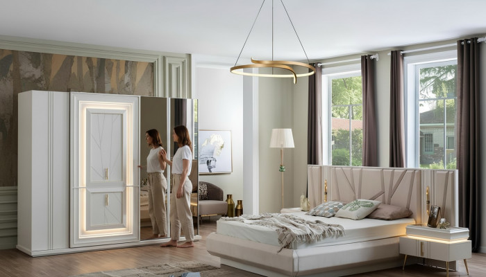 Schlofzëmmer Set Luxus Bett 2x Nuetsdësch Kleederschaf 4 Deeler Miwwelen