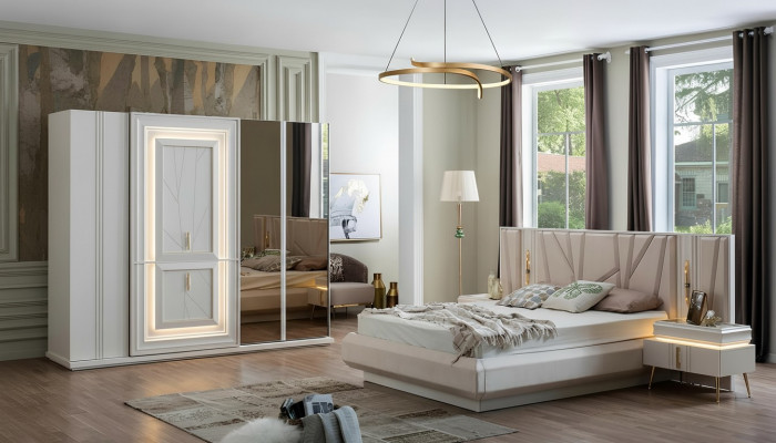 Schlofzëmmer Set Luxus Bett 2x Nuetsdësch Kleederschaf 4 Deeler Miwwelen