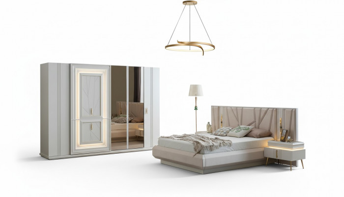 Schlofzëmmer Set Luxus Bett 2x Nuetsdësch Kleederschaf 4 Deeler Miwwelen