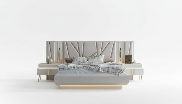 Schlofzëmmer Set Luxus Komplett Bett + 2x Nuetsdëscher 3tlg. Modern Set