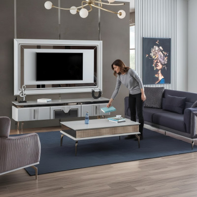 Designer Wunnzëmmer Set 4 Stéck Polstersofa TV Stand Dësch Couchtisch Dëscher