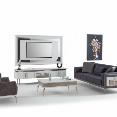 Designer Wunnzëmmer Set 4 Stéck Polstersofa TV Stand Dësch Couchtisch Dëscher