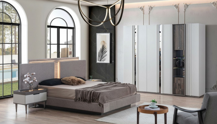 Schlofkummer Set Modern Bett 2x Nuetsdësch an Kleederschaf 4tlg Nei