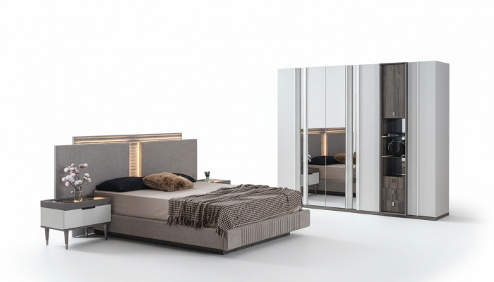 Schlofkummer Set Modern Bett 2x Nuetsdësch an Kleederschaf 4tlg Nei