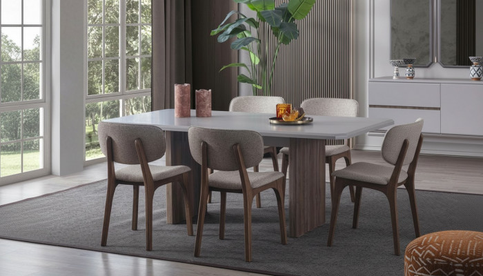 Designer Iesszëmmer Set besteet aus engem 5-Deeler Iessdësch an 4 modernen Still.