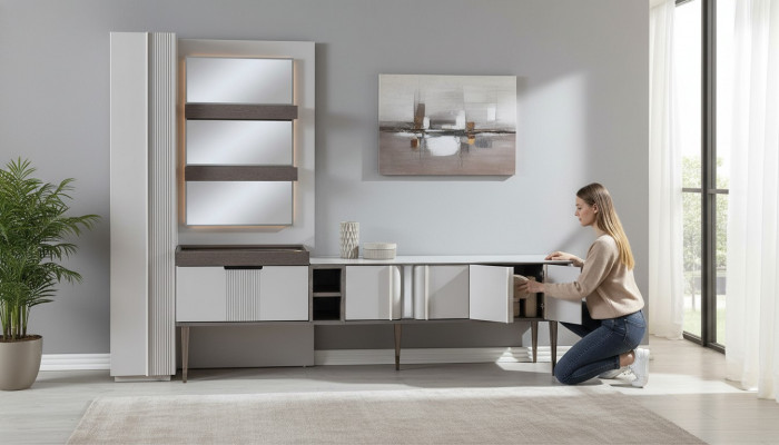 Exklusiv Wunnwand Wäiss Faarf Designer Miwwelen fir Wunnzëmmer LED beliicht