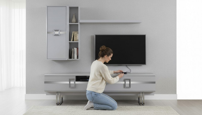 Modern Wohnwand Wohnzimmer Besteet aus 4 Deeler an Exklusiv Wäiss Wohnwänn.