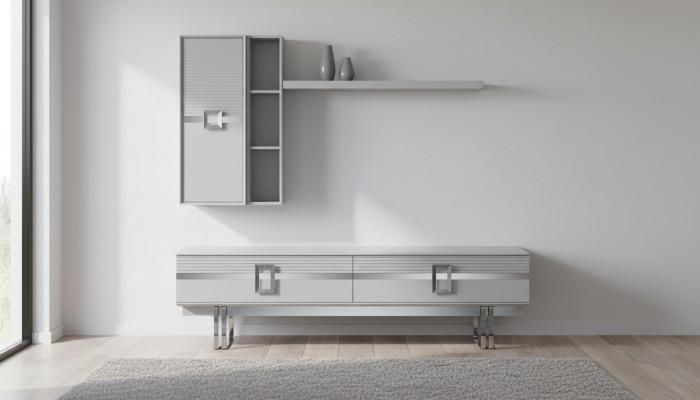 Modern Wohnwand Wohnzimmer Besteet aus 4 Deeler an Exklusiv Wäiss Wohnwänn.