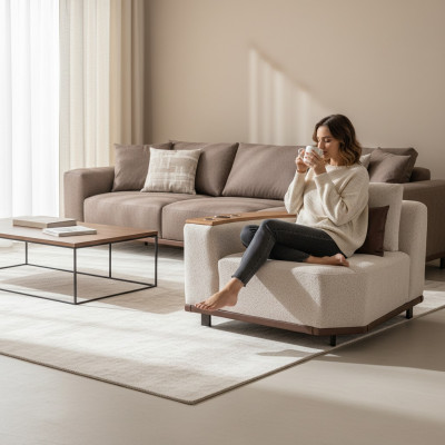 Exklusivt beiges Eckssofa an L-Form Wunnenzëmmer Eckcouch Polstersofa Nei
