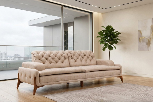 Modern Sofa 3 - Sëtzer Designer Beige Faarf Stil 240 cm Wunnzëmmer Beige Sofas