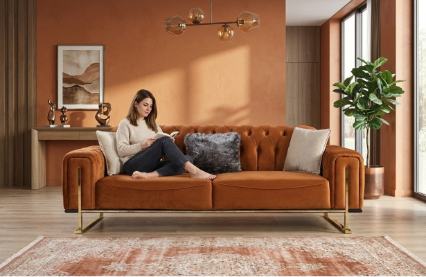 Luxus Chesterfield Sofa 3-Sëtzer Braun Cognac Sofas Polster Textil Couchen