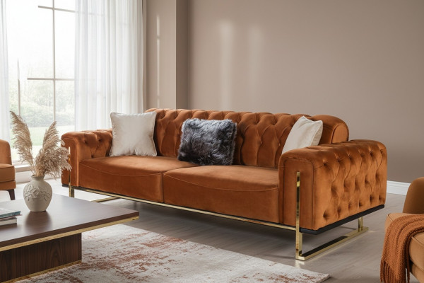 Luxus Chesterfield Sofa 3-Sëtzer Braun Cognac Sofas Polster Textil Couchen