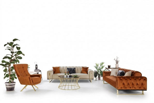Designer Chesterfield 3-Stéck Garnitur 2x 3 Sëtzer Sofa Fotell Modern Dräisëtzer