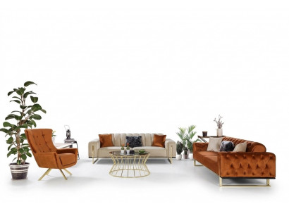 Designer Chesterfield 3-Stéck Garnitur 2x 3 Sëtzer Sofa Fotell Modern Dräisëtzer