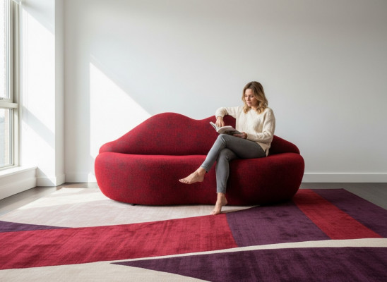 Designer 3-Sëtzer Sofa roude Faarf a Form vun Lëppestëft stilvoll Sitzpolster