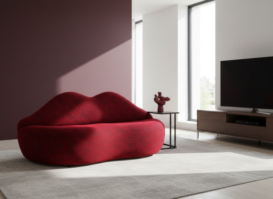 Designer 3-Sëtzer Sofa roude Faarf a Form vun Lëppestëft stilvoll Sitzpolster