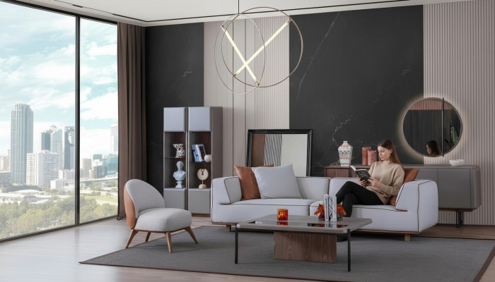 Luxus Wunnzëmmer Set Komplett Ariichtung Sofa Kommoud Coffisdësch 5 Stécker