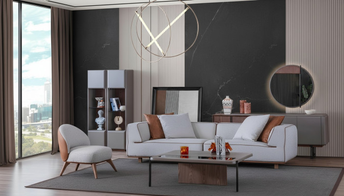 Luxus Wunnzëmmer Set Komplett Ariichtung Sofa Kommoud Coffisdësch 5 Stécker