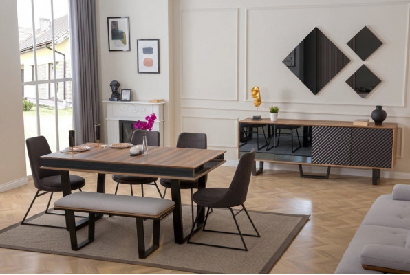 Iesszëmmer Set Iessdësch 4x Stull Bänk Sideboard Iessgrupp 3x Spigel 10tlg