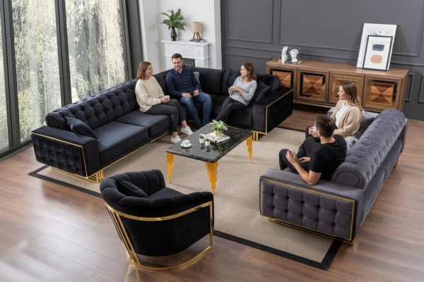 Designer 3-Deligen Wunnzëmmer Set Ecksofa L-Form + 3 + 1 Sëtzer Luxus Eckcouch
