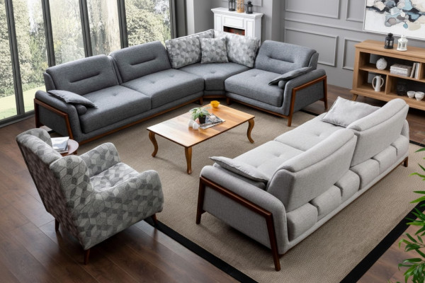 Wunnzëmmer Set Ecke Sofa L-Form Couch Gro Polster 3 +1 Sëtz Textil