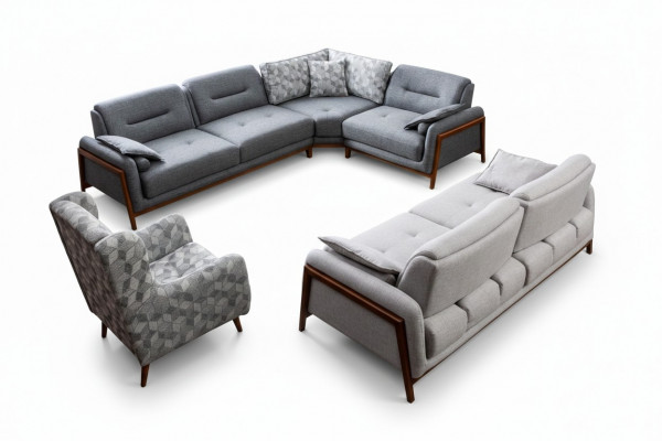 Wunnzëmmer Set Ecke Sofa L-Form Couch Gro Polster 3 +1 Sëtz Textil