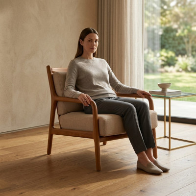 Moderne beige Fotel Schlofzëmmer Miwwelen Luxusdesign Polsterung Kënschtlechen Lieder