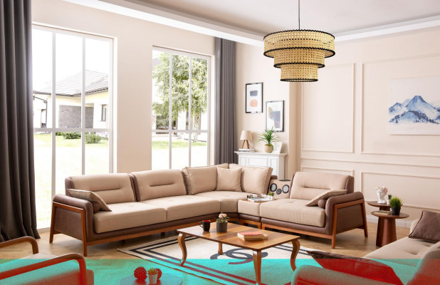 Luxus Eckcouch L-Form Beige Wunnzëmmer Miwwelen Canapé Multifunktional Canapéen Modern