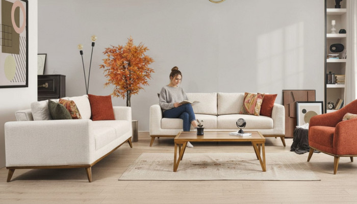 Stilvoll Wunnzëmmer-Set Wunnzëmmer-Set 3tlg. Modern Beige Canapé 3+3+1