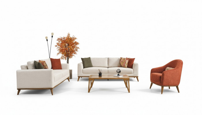 Stilvoll Wunnzëmmer-Set Wunnzëmmer-Set 3tlg. Modern Beige Canapé 3+3+1
