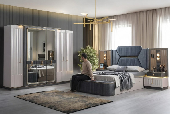 Schlofzëmmer Set Bett 2x Nuetsdëscher Kleederschaf 4-teilëg Design Schaf