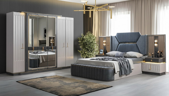 Schlofzëmmer Set Bett 2x Nuetsdëscher Kleederschaf 4-teilëg Design Schaf