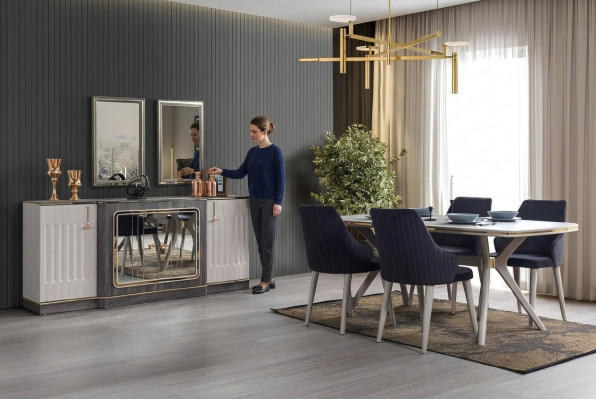 Luxus Iesszëmmer Set Iessdësch + 6x Stull + Sideboard mat 2x Spigel Neit Set