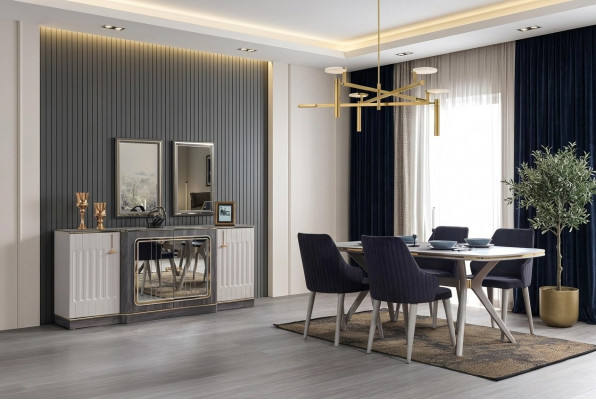 Luxus Iesszëmmer Set Iessdësch + 6x Stull + Sideboard mat 2x Spigel Neit Set