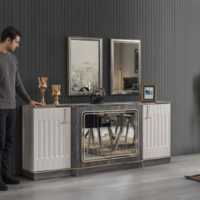 Moderne Säitenduer mat 2x Spigelen Designer Wunnzëmmer Miwwelen Holz Kommode