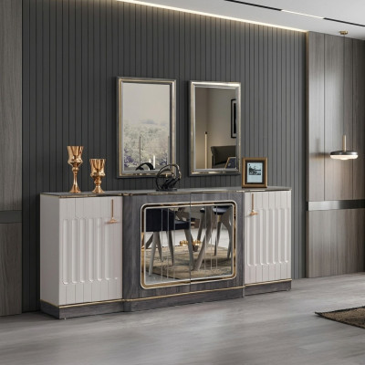 Moderne Säitenduer mat 2x Spigelen Designer Wunnzëmmer Miwwelen Holz Kommode