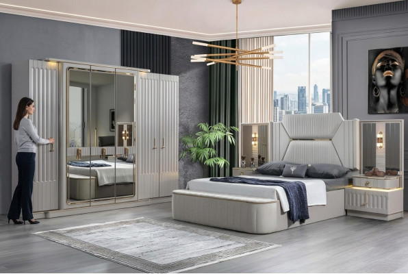 Designer Miwwelen 4-deeleche Schlofzëmmer Set Bett 2x Nuesschtësch Schaf Nei