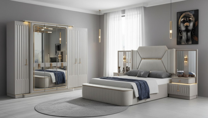Designer Miwwelen 4-deeleche Schlofzëmmer Set Bett 2x Nuesschtësch Schaf Nei