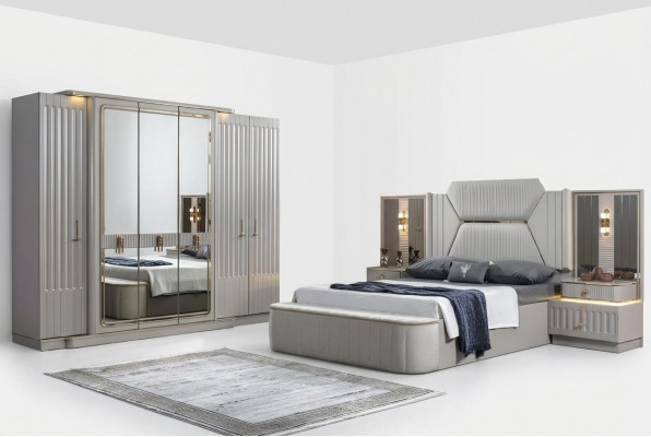Designer Miwwelen 4-deeleche Schlofzëmmer Set Bett 2x Nuesschtësch Schaf Nei