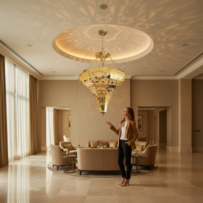 E Plafongsliicht Eng gëllenen Hänklampe Wunnzëmmer Luxus Luucht Luucht