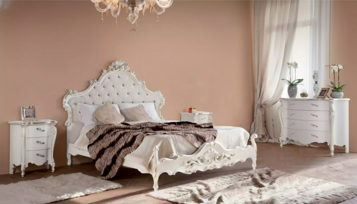 Wäiss Schlofkummer Set Bett 2x Nuetsdëscher Kommoden Holz Set 4 Deeler