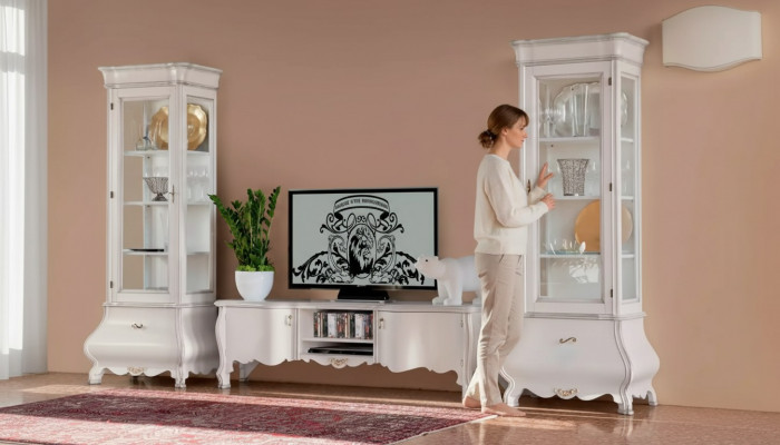 Wäiss Luxus Wunnzëmmer Wunnwand Miwwelen 2x Vitrinnen TV-Stänner Klassesch