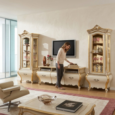 Klassesch Wunnzëmmer Wohnwand Schief Vitrine Luxus Set Holzmöbler 3 Deeler
