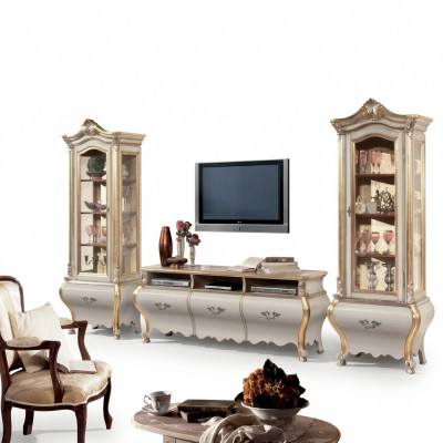 Klassesch Wunnzëmmer Wohnwand Schief Vitrine Luxus Set Holzmöbler 3 Deeler