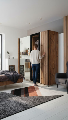 Moderne Kleederschaf Luxus Holz Schief Glas stilvoll Schlofzëmmer