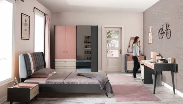 Schlofkummer 6-Deeler Bett Nuetsdësch Kleederschaf Kommode Spigel Schreifdësch