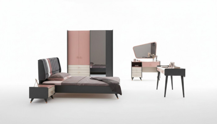 Schlofkummer 6-Deeler Bett Nuetsdësch Kleederschaf Kommode Spigel Schreifdësch